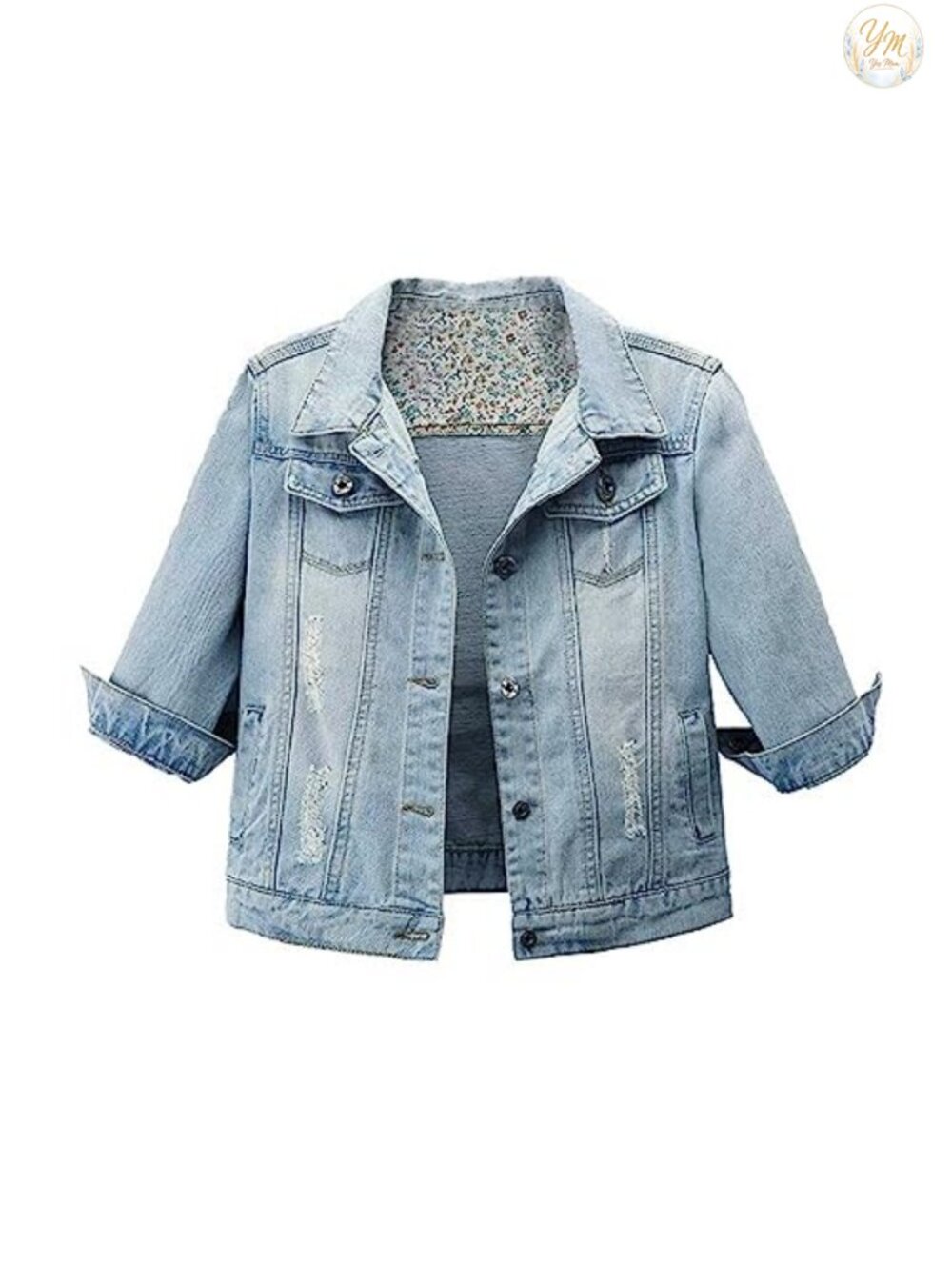 Women's Denim Jacket 3/4 Sleeve Button Front Cropped Jean Coat
